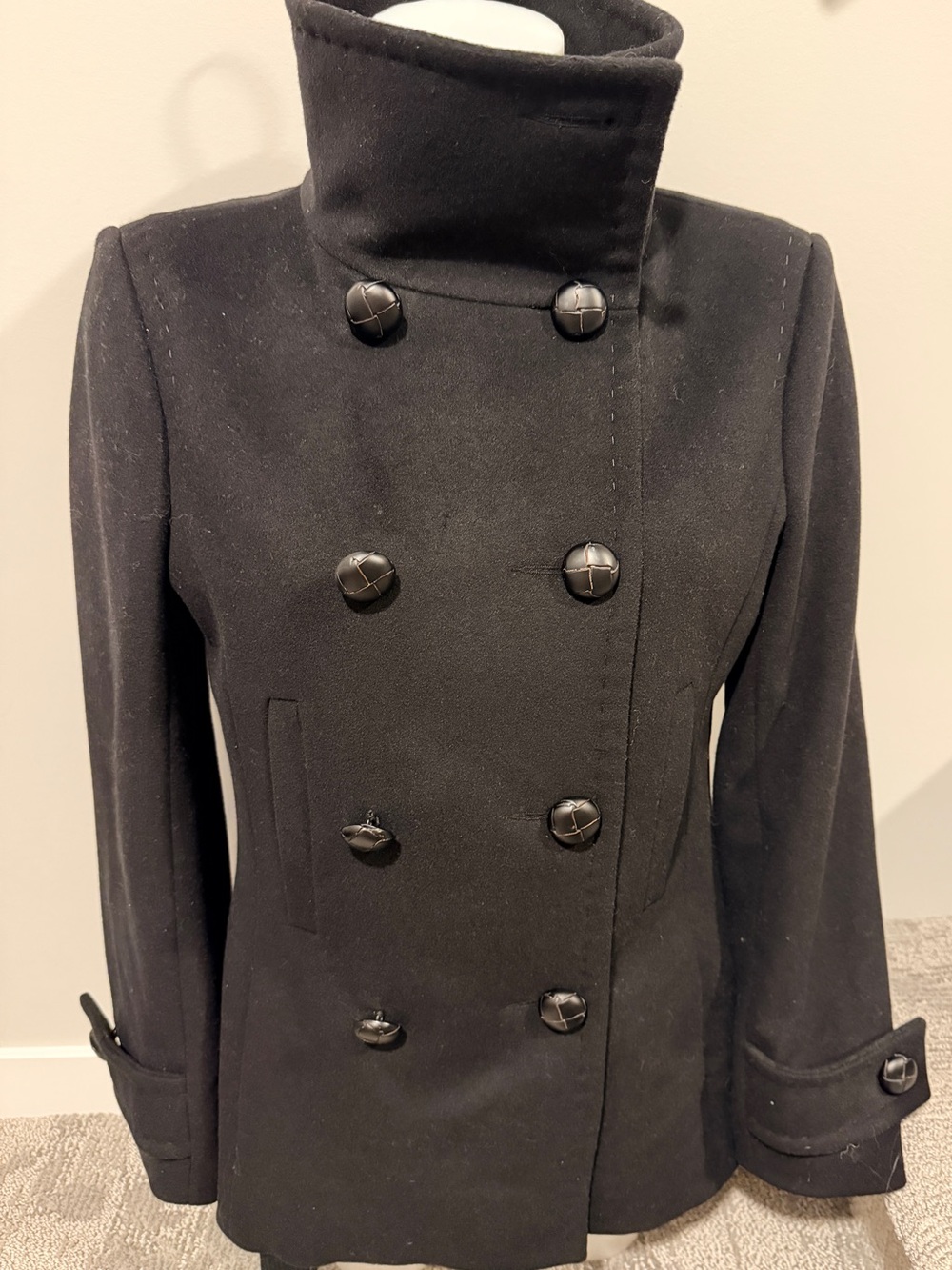 BABATON Aritzia Women's Black Double-Breasted Wool Blend Black SMALL Peacoat